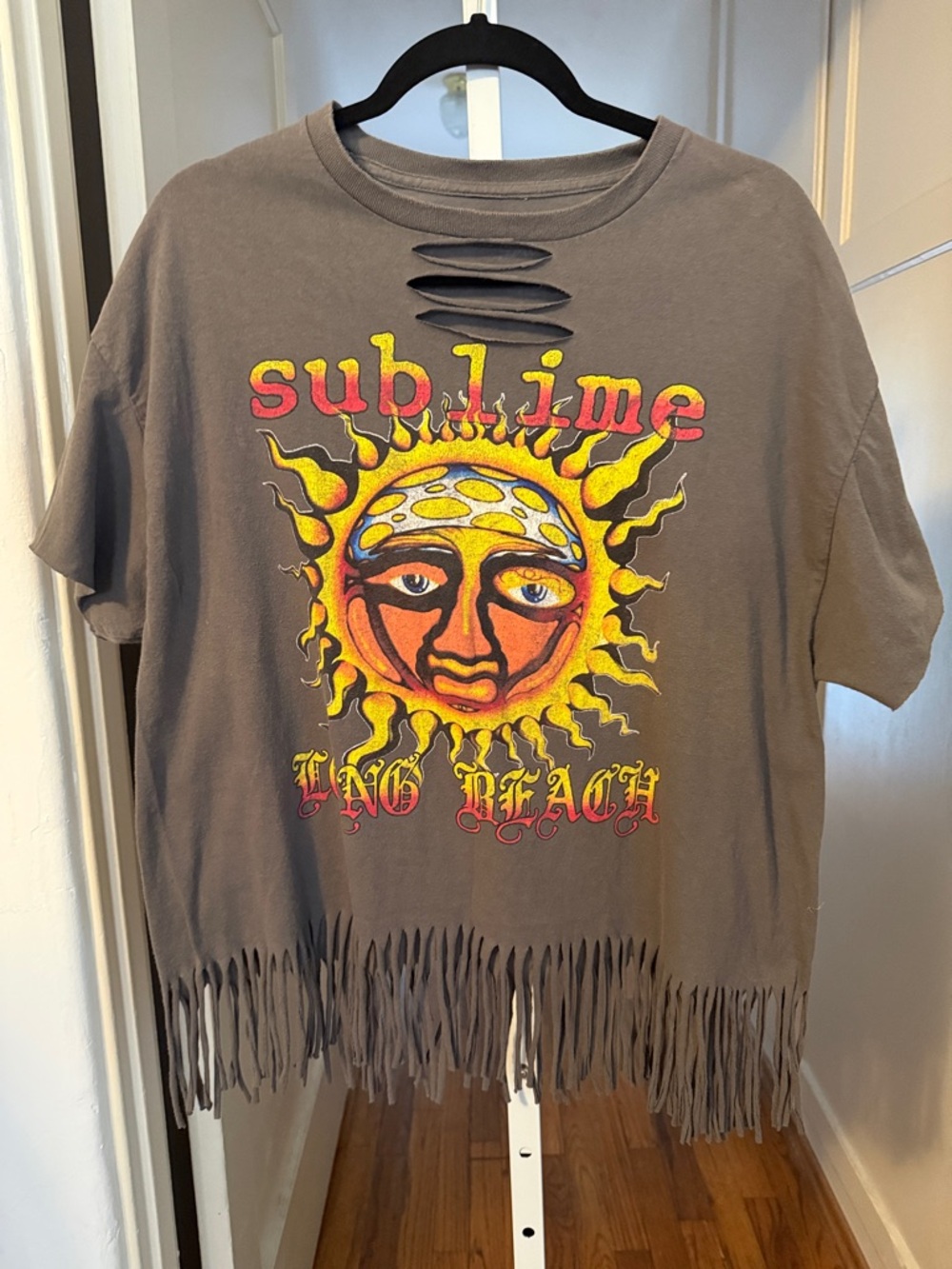 Upcycled Sublime Long Beach Graphic Fringe Short Sleeve Band Tee - Charcoal